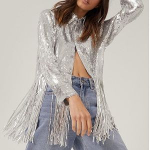 Nasty Gal Sequin Fringe Button Down Top